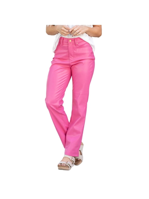 Women's Faux Leather Pants, High Waist Straight Leg Pants, Stretchy Slim Fit Bell Bottom Flare Pants & Leggings, Casual Daily Work Party Night Out Trousers for Women Pink M