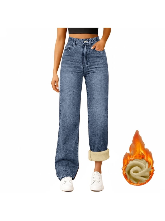 Women's Fleece Lined Wide Leg Jeans High Waisted Thermal Denim Pants with Pockets Warm Comfy Cozy Winter Trousers for Cold Weather Casual Wear and Lounge Blue 3XL