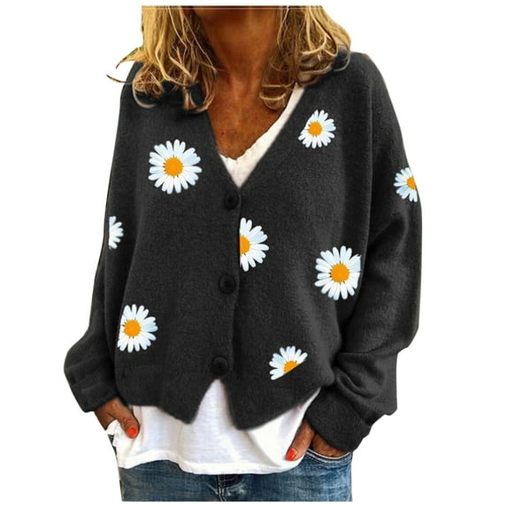 BODOAO Women's Floral Knit Sweaters Cardigan Fall Winter Button Down Open Front Casual V Neck Cropped Oversized Knit Vintage Sweaters Outwear Warm Cardigans Long Sleeve Cropped Elegant Top Black L