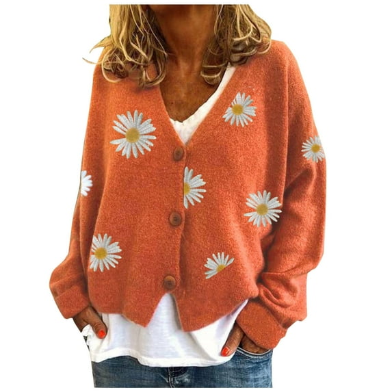 BODOAO Women's Floral Knit Sweaters Cardigan Fall Winter Button Down Open Front Casual V Neck Cropped Oversized Knit Vintage Sweaters Outwear Warm Cardigans Long Sleeve Cropped Elegant Top Orange L