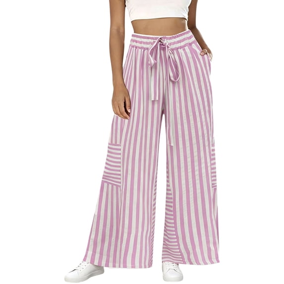 BODOAO Women's Floral Wide Leg Pants, Casual Summer Elastic Waist Lightweight Palazzo Trousers with Soft Draped Fabric, Loose Relaxed Fit and Pull On Design Shape Light Pink S