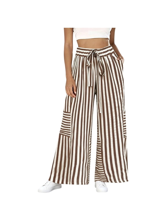 Women's Floral Wide Leg Pants, Casual Summer Elastic Waist Lightweight Palazzo Trousers with Soft Draped Fabric, Loose Relaxed Fit and Pull On Design Shape Brown XL