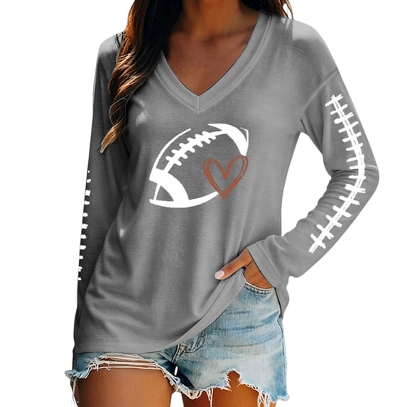 BODOAO Women's Football Graphic Sweatshirt, Game Day Heart Football Pullover Hoodie, Crew Neck Long Sleeve Mom Shirt for Tailgate, Fall Sports and Casual Wear Grey L