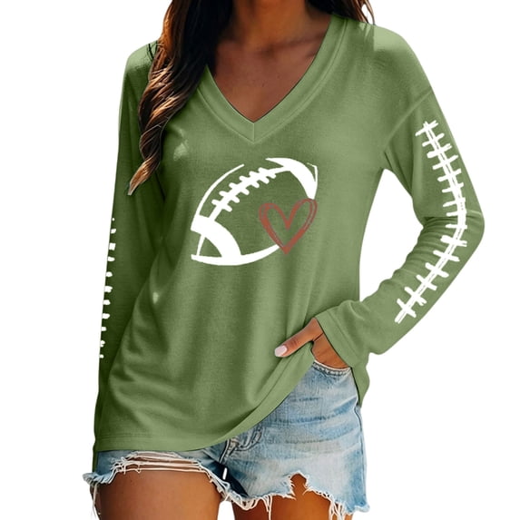 BODOAO Women's Football Graphic Sweatshirt, Game Day Heart Football Pullover Hoodie, Crew Neck Long Sleeve Mom Shirt for Tailgate, Fall Sports and Casual Wear Light Green XL