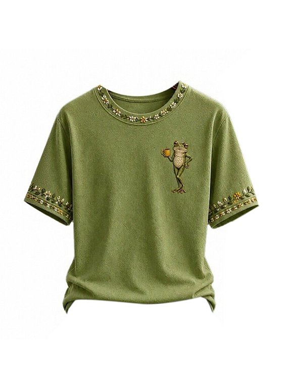 Women's Frog Graphic T Shirt Short Sleeve Crew Neck Cute Top with Small Frog Cup Motif and Floral Neckline Sleeve Trim Casual Floral Graphic Tees for Women Green 2XL