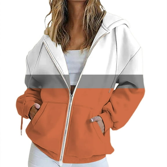 BODOAO Women's Full Zip Up Hoodie Fall Jacket Oversized Sweatshirt Zipper Long Sleeve Tops Color Block Long Sleeve Hooded Sweatshirts with Pockets Jacket Coat for Women Orange M