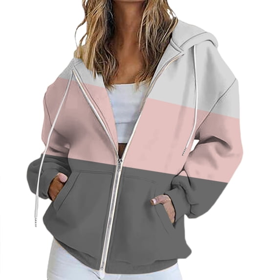 BODOAO Women's Full Zip Up Hoodie Fall Jacket Oversized Sweatshirt Zipper Long Sleeve Tops Color Block Long Sleeve Hooded Sweatshirts with Pockets Jacket Coat for Women Pink 3XL