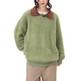 thumbnail image 1 of BODOAO Women's Fuzzy Sweater Long Sleeve Knit Pullover Contrast Polo Collar Button Detail Oversized Loose Fit Soft Cozy Casual Fall Winter Top for Women Fashion Wear Green 3XL, 1 of 4