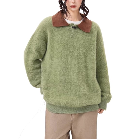 BODOAO Women's Fuzzy Sweater Long Sleeve Knit Pullover Contrast Polo Collar Button Detail Oversized Loose Fit Soft Cozy Casual Fall Winter Top for Women Fashion Wear Green 3XL