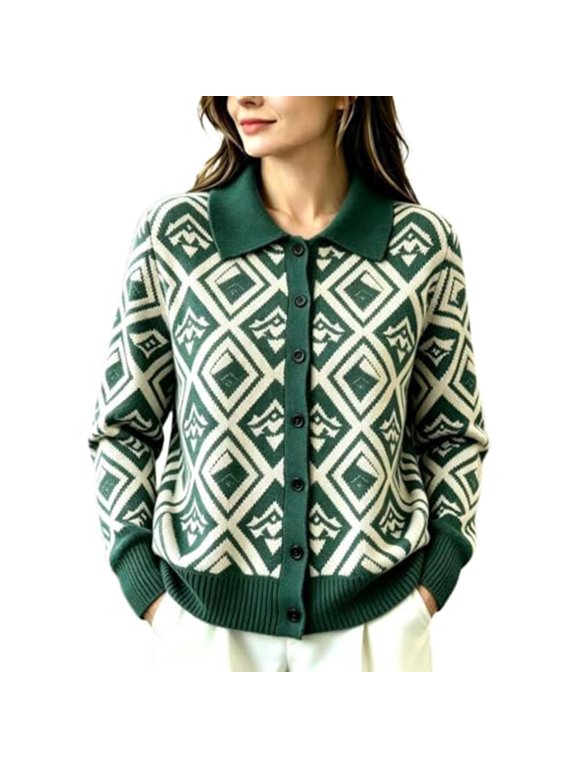 Women's Geometric Knit Cardigan Sweater Collared Button Front Long Sleeve Jacket with Ribbed Cuffs Diamond Pattern Vintage Casual Outerwear for Easy Layering Green S