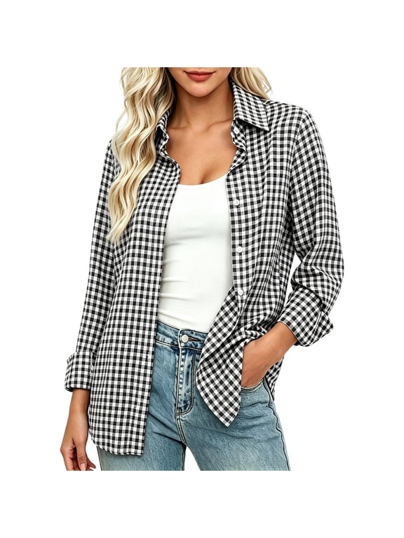 Women's Gingham Button Down Shirt Long Sleeve Collared Plaid Blouse, Relaxed Oversized Casual Top for Work Office Layering Spring Fall and Everyday Wear Black 3XL