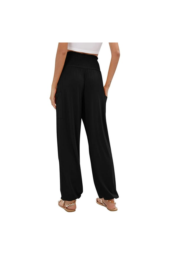 Women's Harem Pants, High Waist Yoga Boho Trousers with Pockets Ladies Solid Color Pocket Waist High Waist Loose Casual Leggings Long Pants Black S