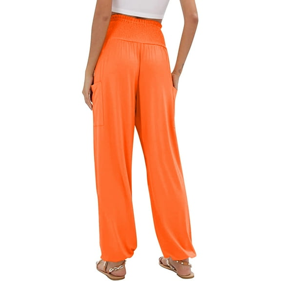 BODOAO Women's Harem Pants, High Waist Yoga Boho Trousers with Pockets Ladies Solid Color Pocket Waist High Waist Loose Casual Leggings Long Pants Orange 3Xl