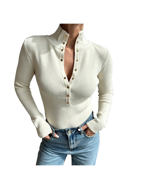 Women's Henley Shirt Long Sleeve Ribbed Knit Top Snap Button High Neck Fitted Stretch Casual Fall Winter Blouse for Women Basic Fashion Everyday Wear Wear White M