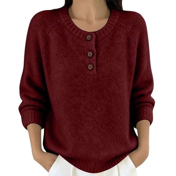 BODOAO Women's Henley Sweater Long Sleeve Button Neck Pullover Knit Sweater Top with Raglan Sleeves 3 Button Placket Ribbed Cuffs and Loose Baggy Fit Casual Sweater Red S