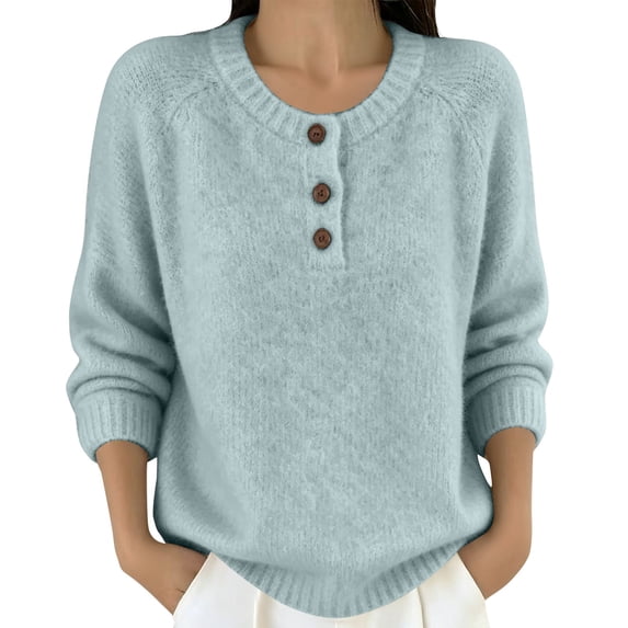 BODOAO Women's Henley Sweater Long Sleeve Button Neck Pullover Knit Sweater Top with Raglan Sleeves 3 Button Placket Ribbed Cuffs and Loose Baggy Fit Casual Sweater Light Blue S