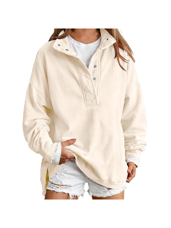 Women's Henley Sweatshirt Mock Neck Snap Button Long Sleeve Quilted Placket Side Split Contrast Cuff Relaxed Fit Pullover Top Casual Tunic for Fall Winter Wear White S