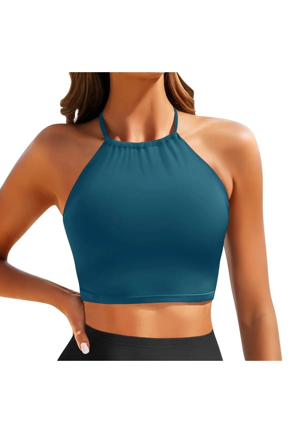 Women's High Neck Halter Crop Tops Soft Wide Straps No Chafing Seamless Workout Tank Tops for Yoga Gym Casual Summer Beach Blue XL