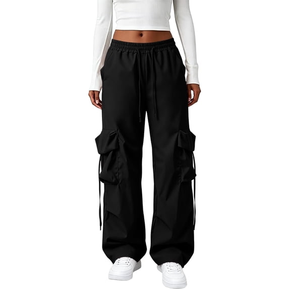 BODOAO Women's High Waist Cargo Pants, Casual Y2K Baggy Parachute Trousers with Pockets, Loose Straight Leg, Lightweight Fabric and Adjustable Utility Fit Design Black L