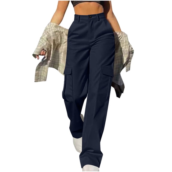 BODOAO Women's High Waisted Cargo Pants Baggy Wide Leg Parachute Pants Casual Multi Pocket Drawstring Palazzo Trouser Y2K Streetwear Loose Track Pants Hippie Sweatpants Navy 2XL