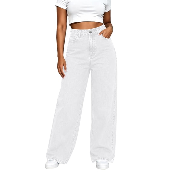 BODOAO Women's High Waisted Wide Leg Jeans Baggy Straight Leg Denim Pants with Pockets Button Fly Vintage 90s Skater Trousers Casual Relaxed Fit Jeans for Women White 3XL
