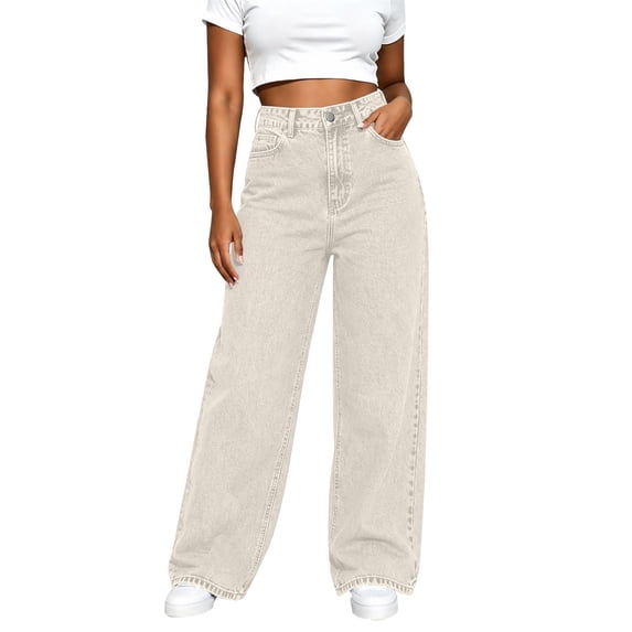 BODOAO Women's High Waisted Wide Leg Jeans Baggy Straight Leg Denim Pants with Pockets Button Fly Vintage 90s Skater Trousers Casual Relaxed Fit Jeans for Women Khaki M