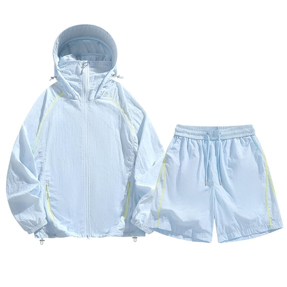 BODOAO Women's Hooded Jacket and Shorts 2 Piece Set Summer Casual Long Sleeve Zip Up Sporty Loungewear Outfit, Lightweight Track Suit with Side Pockets for Travel and Gym Light Blue 3XL