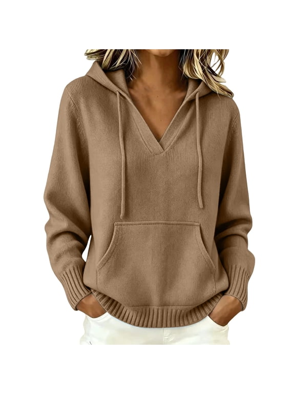 Women's Hooded Sweater V Neck Knit Pullover Long Sleeve Drawstring Hood Kangaroo Pocket Oversized Loose Fit Casual Fall Winter Warm Soft Fashion Top Clothing Brown 4XL