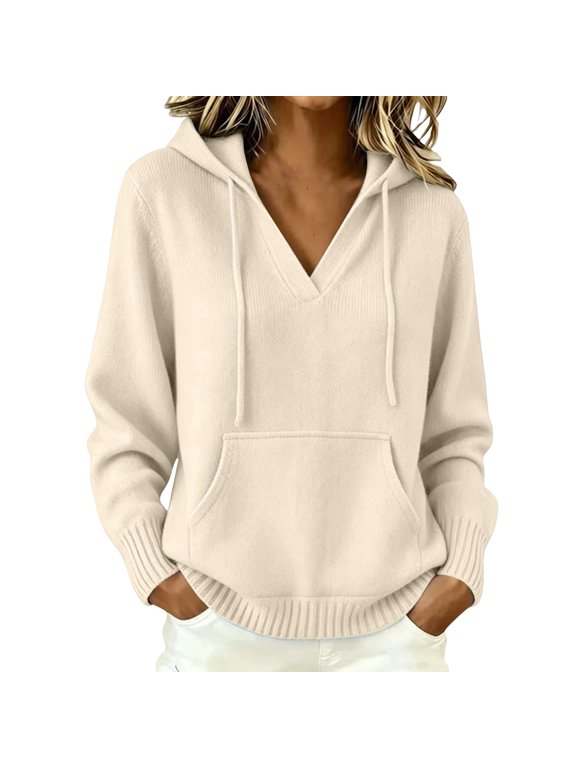 Women's Hooded Sweater V Neck Knit Pullover Long Sleeve Drawstring Hood Kangaroo Pocket Oversized Loose Fit Casual Fall Winter Warm Soft Fashion Top Clothing Beige L