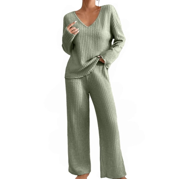 BODOAO Women's Knit Lounge Set, Ribbed V-Neck Long Sleeve Pullover and Wide Leg Pants, Cozy Relaxed Sweatsuit, Elegant Travel Daily Tracksuit JN 2XL