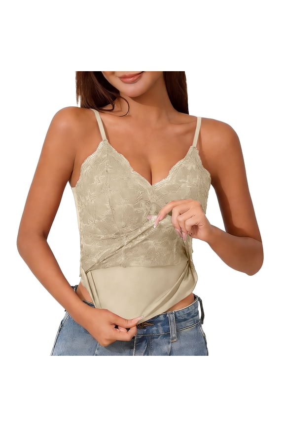 Women's Lace Camisole Tank Top with Built-in Bra Padded V Neck Adjustable Straps Fitted Sleeveless Cami Soft Breathable Layering Top for Daily Casual Office Date Loungewear Beige M