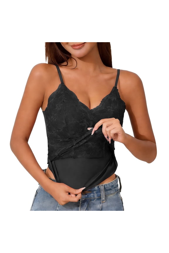 Women's Lace Camisole Tank Top with Built-in Bra Padded V Neck Adjustable Straps Fitted Sleeveless Cami Soft Breathable Layering Top for Daily Casual Office Date Loungewear Black L