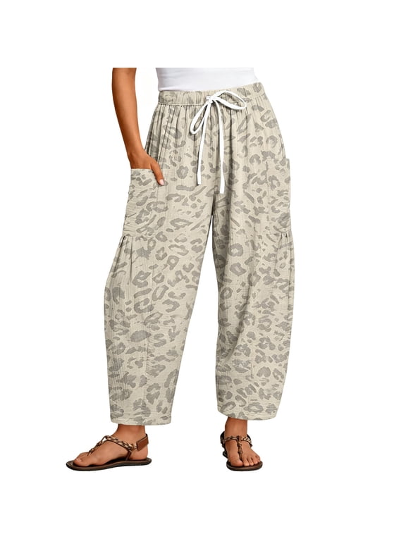 Women's Leopard Print Cargo Pants Loose Tapered Casual Pants Elastic Drawstring Waist Lightweight Baggy Harem Trousers with Pockets for Daily Streetwear Khaki S