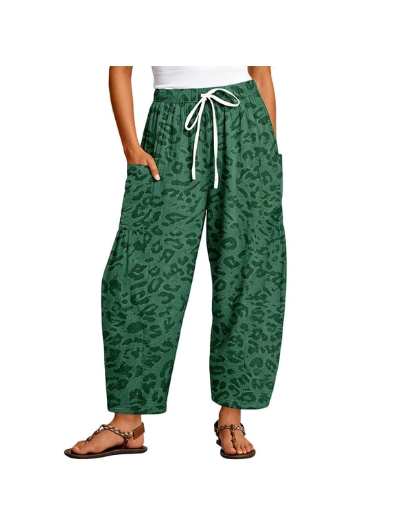 Women's Leopard Print Cargo Pants Loose Tapered Casual Pants Elastic Drawstring Waist Lightweight Baggy Harem Trousers with Pockets for Daily Streetwear Blackish Green L