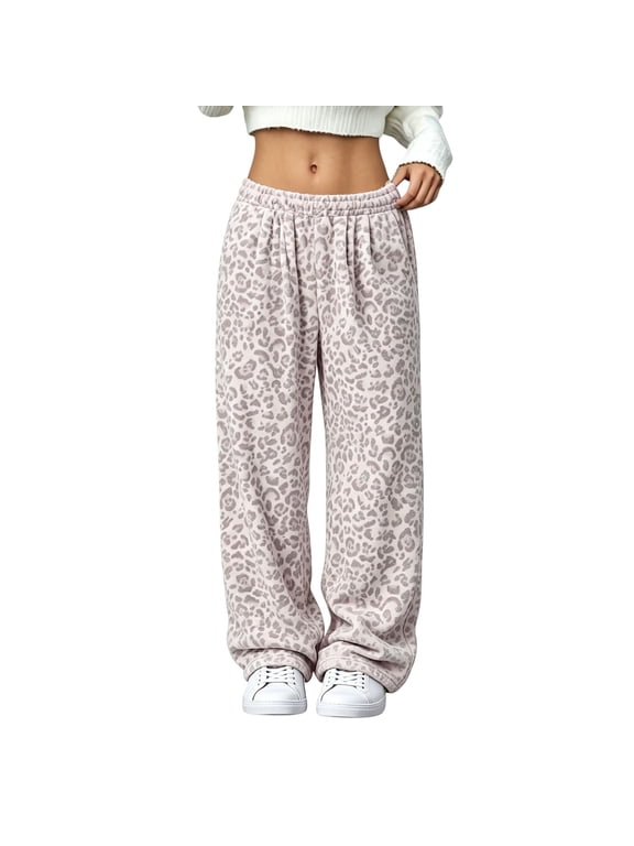 Women's Leopard Print Fleece Pajama Pants Elastic Waist Soft Cozy Wide Leg Lounge Sleepwear Bottoms Plush Warm Casual Trousers Beige XL