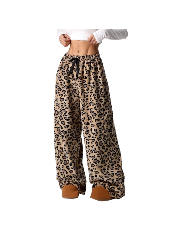 Women's Leopard Print Pants Y2k Wide Leg High Waisted Baggy Drawstring Trousers Casual Fluffy Cheetah Fuzzy Pajama Sleepwear Brown L