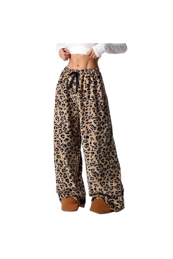 Women's Leopard Print Pants Y2k Wide Leg High Waisted Baggy Drawstring Trousers Casual Fluffy Cheetah Fuzzy Pajama Sleepwear Brown L