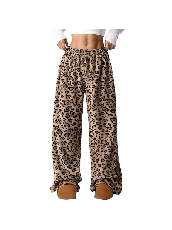 Women's Leopard Print Pants Y2k Wide Leg High Waisted Baggy Drawstring Trousers Casual Fluffy Cheetah Fuzzy Pajama Sleepwear Coffee S