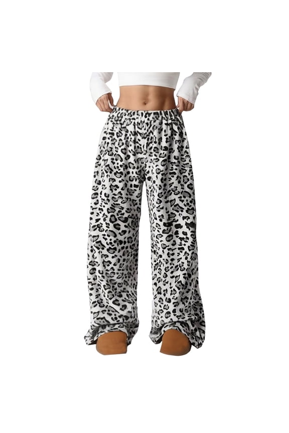 Women's Leopard Print Pants Y2k Wide Leg High Waisted Baggy Drawstring Trousers Casual Fluffy Cheetah Fuzzy Pajama Sleepwear Light Ashy XL
