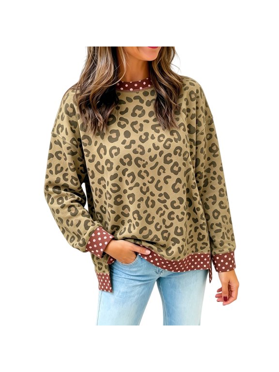 Women's Leopard Print Sweatshirt Polka Dot Contrast Trim Crew Neck Pullover Top with Mixed Pattern Design Casual Style for Everyday Wear and Easy Layering Brown L