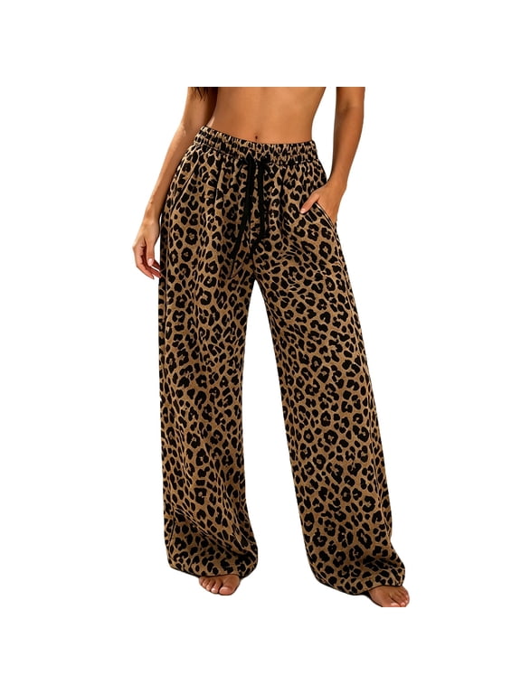 Women's Leopard Print Wide Leg Lounge Pants with Elastic Waist Drawstring and Pockets Soft Cozy Casual Pajama Bottoms for Sleep Relaxing and Everyday Wear Brown 2XL