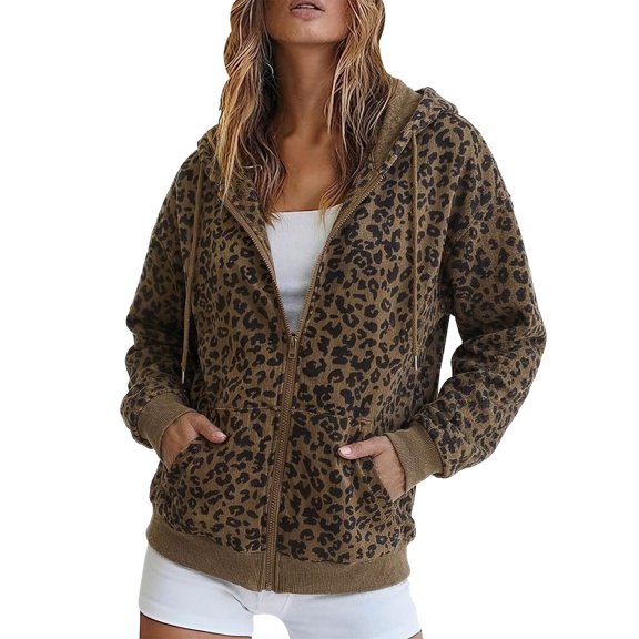 BODOAO Women's Leopard Print Zip Up Hoodie Allover Animal Pattern Hooded Sweatshirt Jacket with Kangaroo Pocket Drawstring Hood Ribbed Cuffs Casual Streetwear Brown M