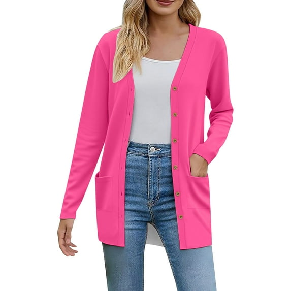 BODOAO Women's Lightweight Cardigan Sweaters Open Front Long Sleeve Casual Loose Thin Cardigans with Pockets Button Cardigans Soft Knit Cardigan Long Sleeve Open Front Coat with Pockets Hot Pink Xl
