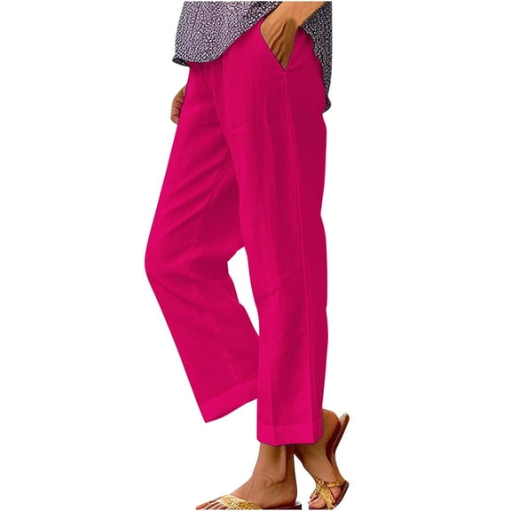 BODOAO Women's Linen Cropped Pants Ankle Capris Straight Leg Trousers Loose Pocket Cotton and Linen Casual Pants Hot Pink S