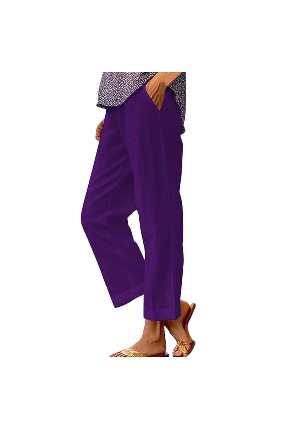 Women's Linen Cropped Pants Ankle Capris Straight Leg Trousers Loose Pocket Cotton and Linen Casual Pants Purple L