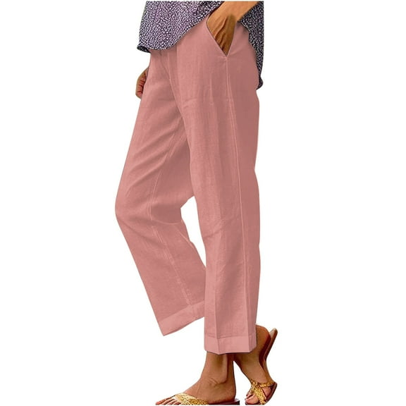 BODOAO Women's Linen Cropped Pants Ankle Capris Straight Leg Trousers Loose Pocket Cotton and Linen Casual Pants Rose Gold L