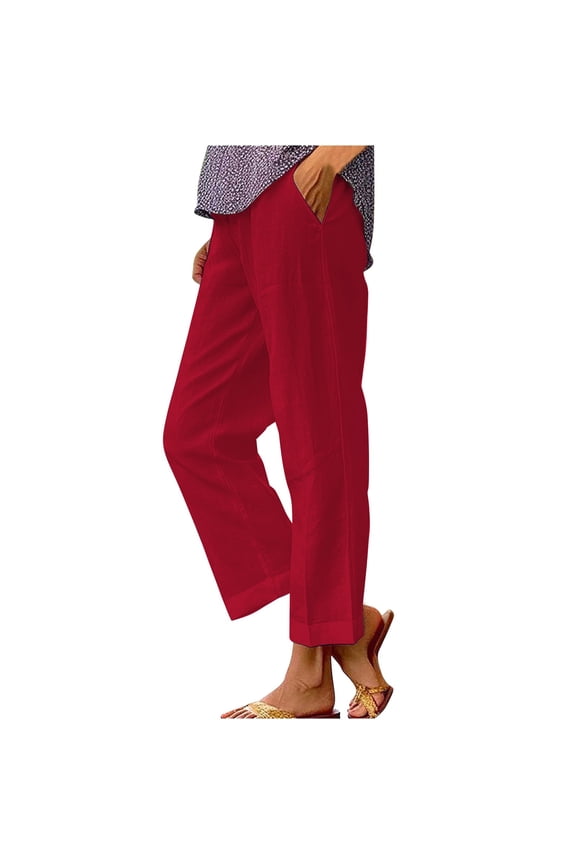 Women's Linen Cropped Pants Ankle Capris Straight Leg Trousers Loose Pocket Cotton and Linen Casual Pants Wine Xxl