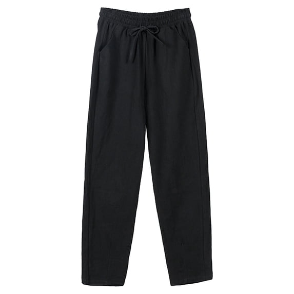 BODOAO Women's Linen Cropped Pants Ankle Capris Straight Leg Trousers Summer High Waisted Cotton Pants Wide Leg Long Pant Trousers with Pocket Black M