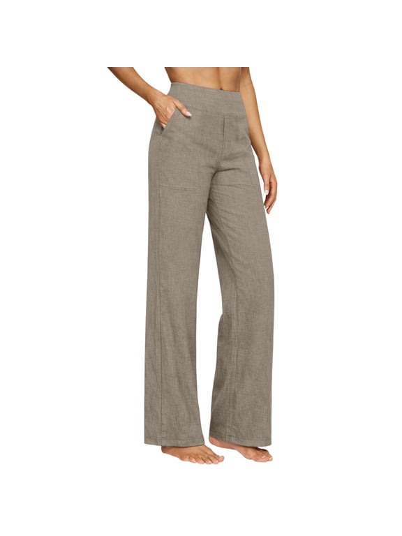 Women’s Linen Full Length Pants Wide Leg Stretchy Palazzo Pants Vacation Beach Pants High Waist Elastic Waist Pants Casual Lightweight Resort Wear Summer Flowy Khaki L
