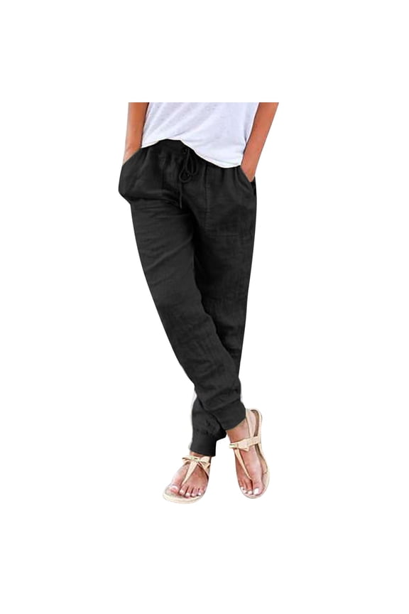 Women's Linen Pants Lounge Baggy Trousers Drawstring Elastic Waist Trousers with Pockets Palazzo Pants Soft Comfy Long Lounge Pants for Summer Tapered Pant Solid Color Slacks Black L